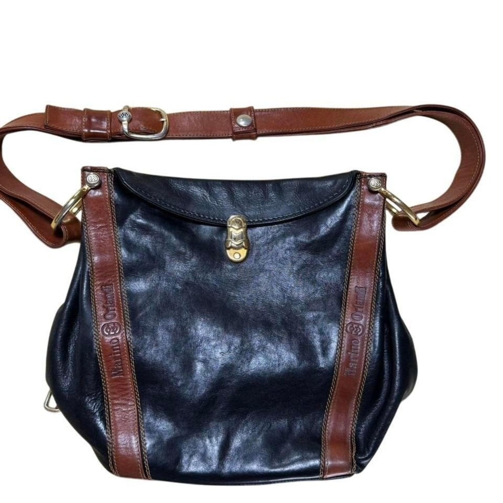 Marino Orlandi Black Leather Shoulder Bag With Tan Accents Adjustable Strap